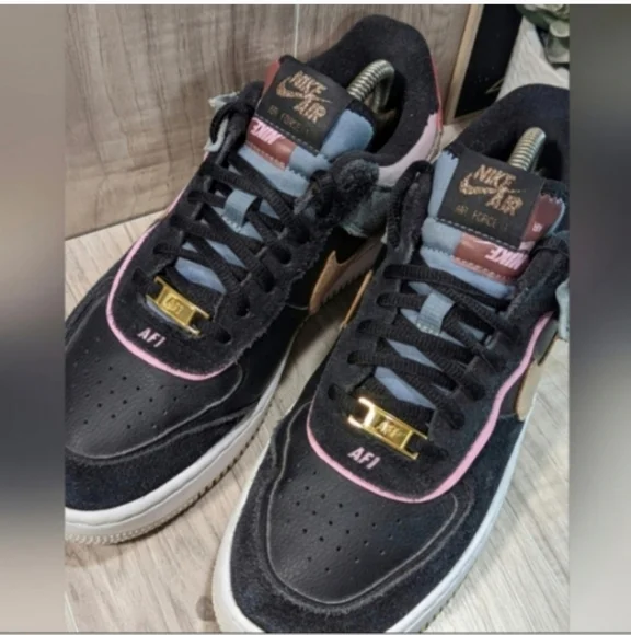 Women's NIKE Air Force 1 "SHADOW" Size 8.5 Black Leather Low Top Sneakers - Picture 5 of 12